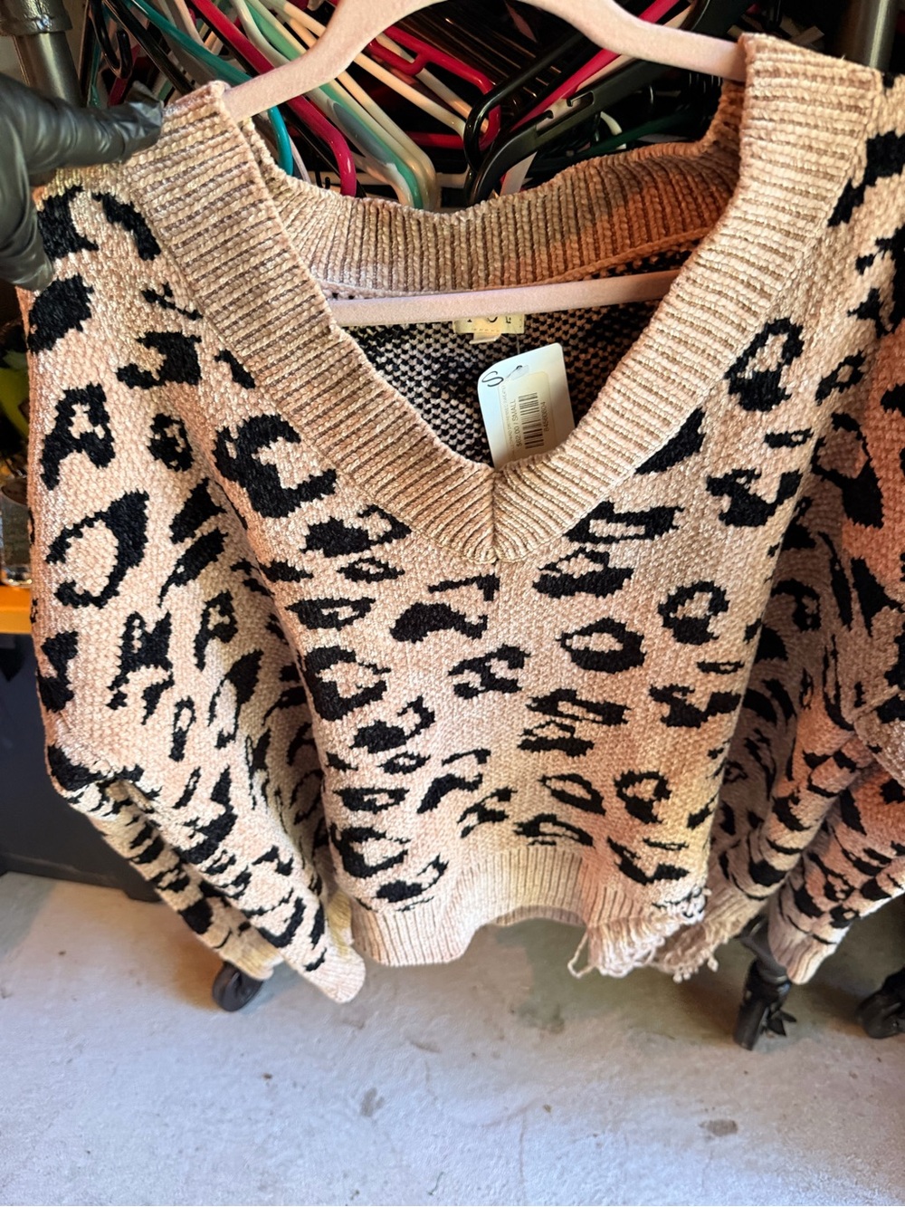 POL Beige and Black Leopard V-Neck Sweater
